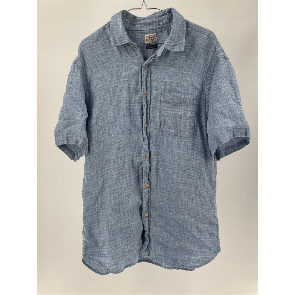 Faherty Men's Size Large Palma Linen Shirt, Blue Basketweave